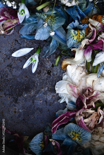 Collection of cut flowers on enamel backdrop