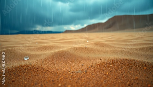 Rain Falling Across Desert Landscape with Sand Ripples Under Dramatic Cloudy Sky