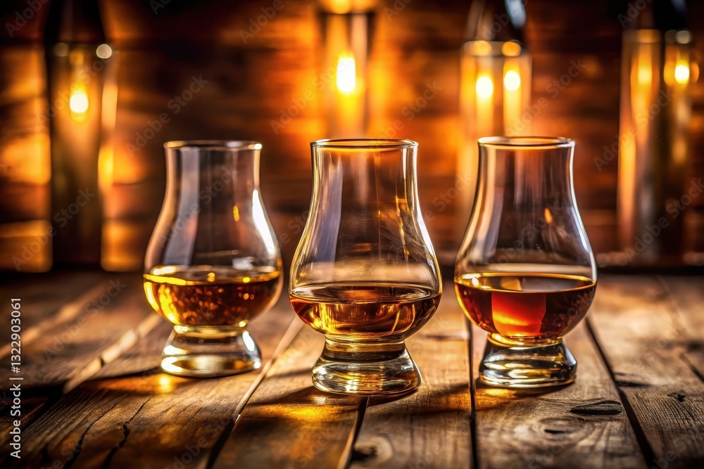 Three Glasses of Amber Liquid on Rustic Wooden Table with Warm Lighting Three Glasses of Amber Liquid on Rustic Wooden Table with Warm Lighting