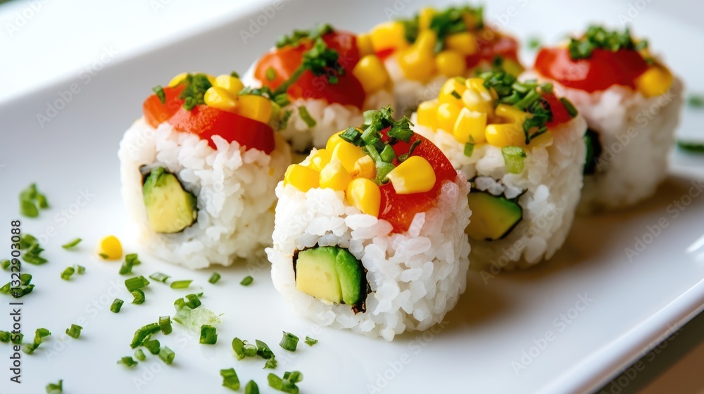 Close-Up of Colorful Sushi Rolls on a White Plate Close-Up of Colorful Sushi Rolls on a White Plate