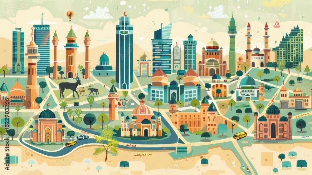 Fototapeta premium An illustrated map showing Riyadh's key attractions and locations.