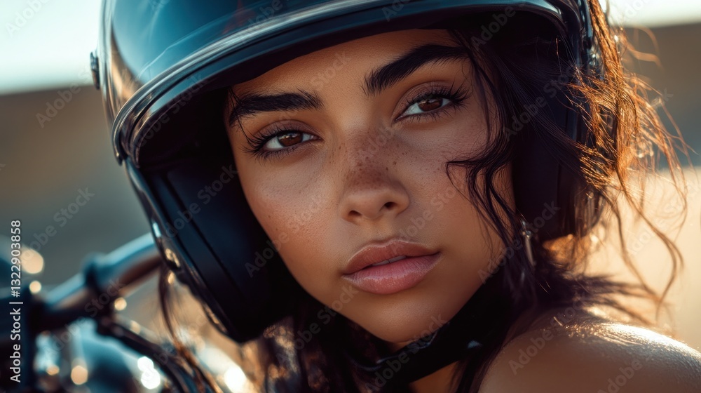 Young woman in a helmet gazing at the camera outdoors Young woman in a helmet gazing at the camera outdoors