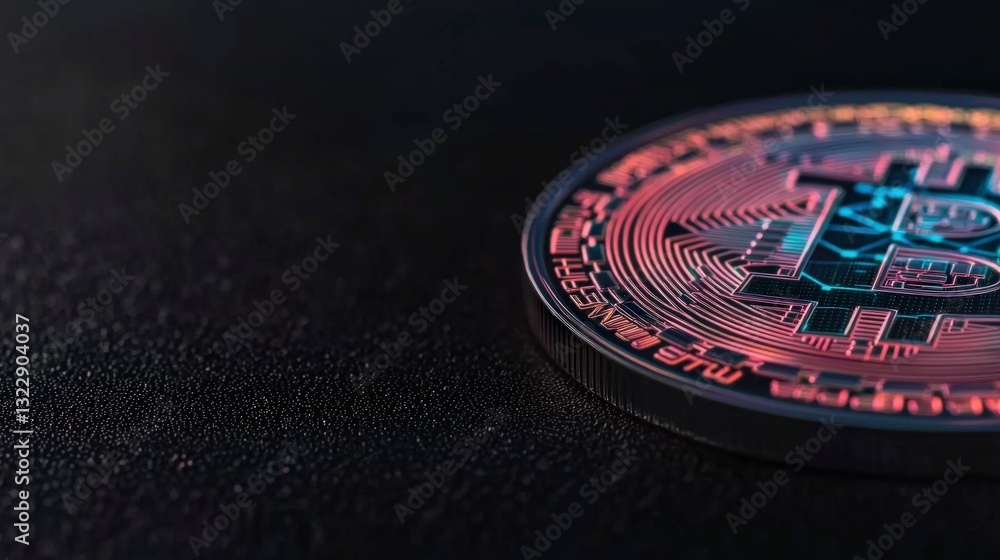 Obraz premium Neon Bitcoin Cryptocurrency Closeup Digital Currency Finance Blockchain Technology