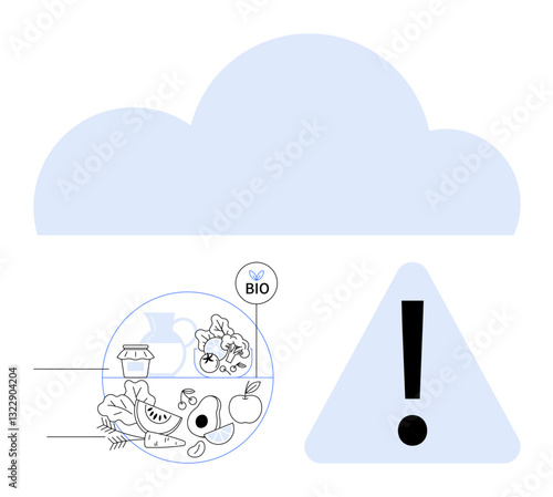 Cloud above organic food items and warning triangle with exclamation. Ideal for health, safety, environment, bio-production, monitoring, alerts, technology. Flat simple metaphor