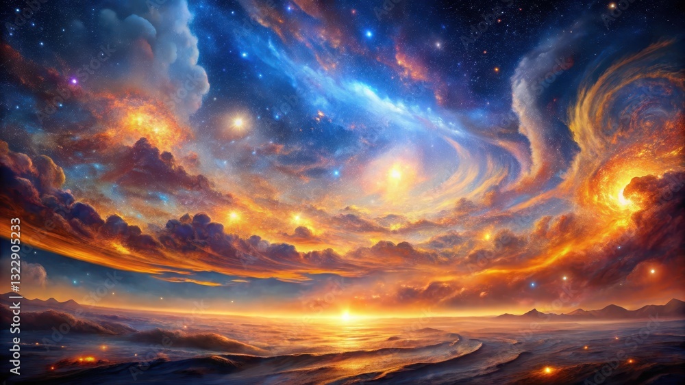 Fototapeta premium A Serene Celestial Landscape Vibrant Sunset over a Tranquil Ocean with Swirling Nebulae and Distant Mountains