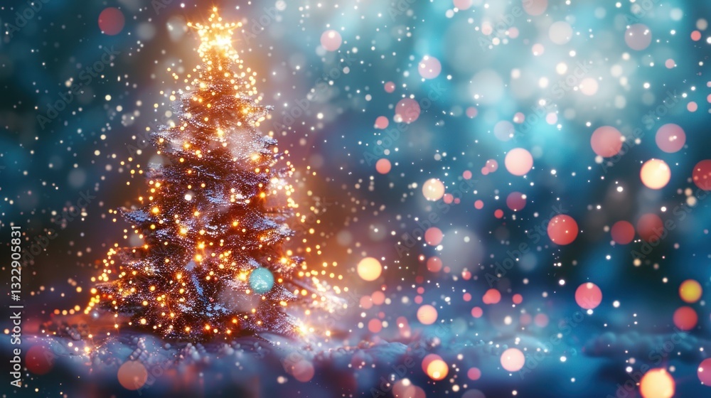 Naklejka premium Beautifully decorated Christmas tree with glowing lights