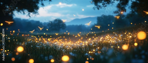 Magical fireflies dance amidst lush meadow nature twilight enchanting scene dreamy atmosphere