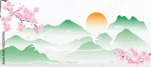 Spring Japanese Cherry blossom flower background vector. Wallpaper design of elegant watercolor sakura flower, branch, mountain, bird, sun. Illustration for banner, wall decoration, backdrop, ads.