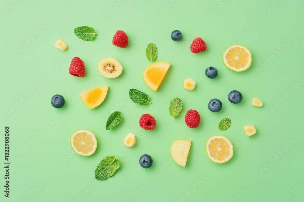 Fresh assorted fruits and mint leaves scattered on a surface Fresh assorted fruits and mint leaves scattered on a surface