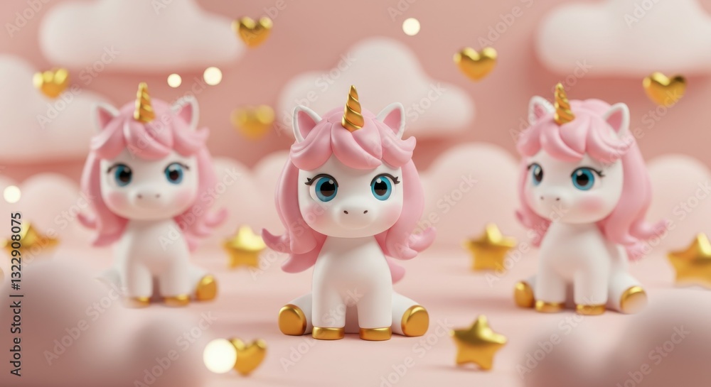 Naklejka premium Cute pink unicorn figurines, kawaii style, pastel background, golden stars, soft lighting, miniature toys, magical creatures, whimsical decor, dreamy atmosphere, fantasy-inspired, collectible figures,