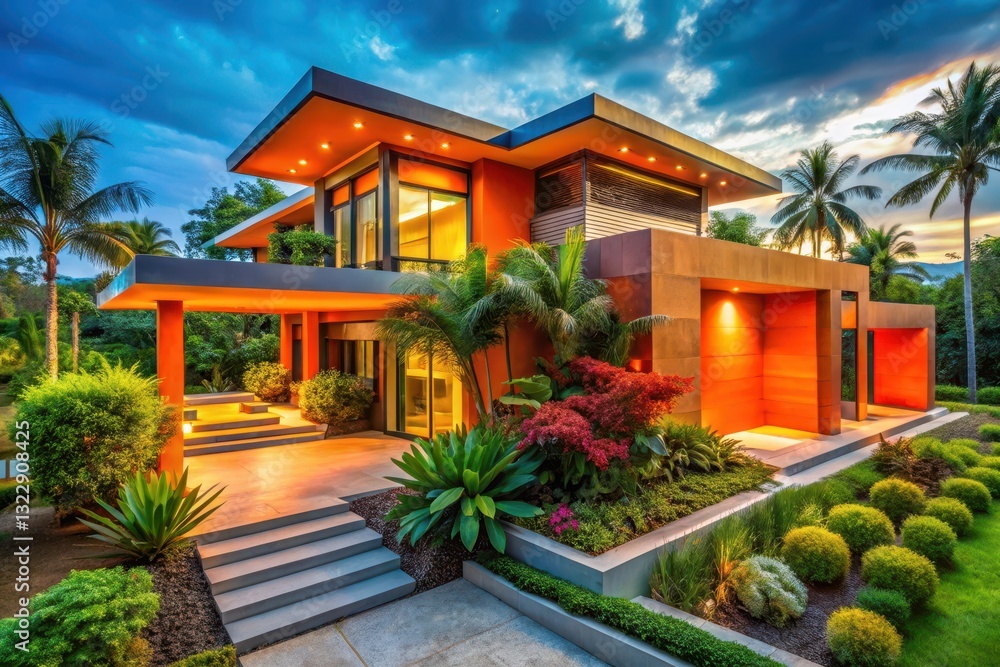 Fototapeta premium Modern Architectural Design of a Luxurious Residence with Lush Tropical Landscaping at Dusk