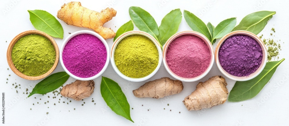 Vibrant Assortment of Natural Powders in Bowls Surrounded by Fresh Green Leaves and Ginger Root