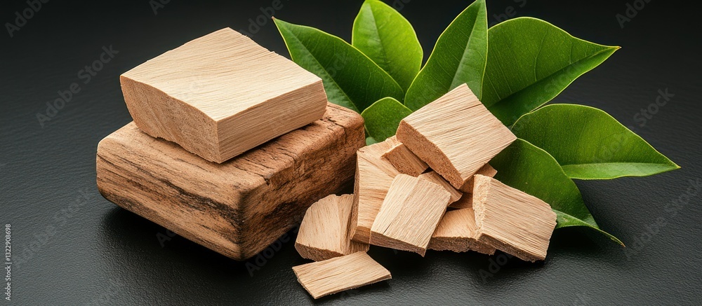 Natural Wood Pieces and Green Leaves Abundant in Freshness and Organic Beauty for Creative Projects