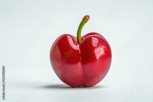 Shiny red cherry with its stem on a white background food still life studio shot with natural lighting