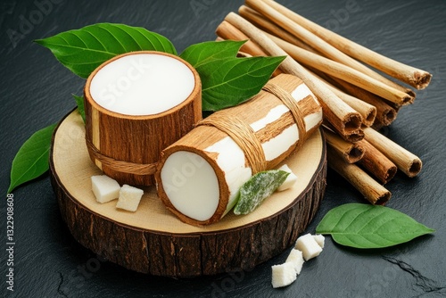 Obraz na płótnie Natural Beauty Products with Herbal Ingredients on a Rustic Wooden Surface w salonie
