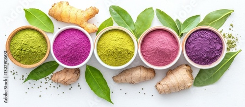 Obraz na płótnie Vibrant Assortment of Natural Powders in Bowls Surrounded by Fresh Green Leaves and Ginger Root w salonie