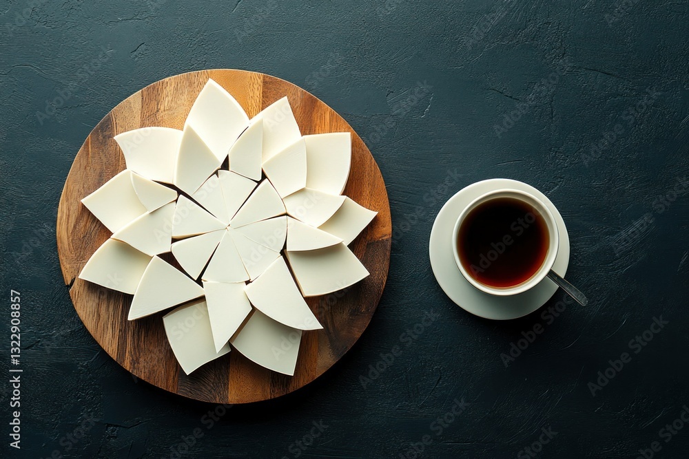 Beautifully arranged tofu slices in a flower shape on a wooden board beside a cup of black coffee