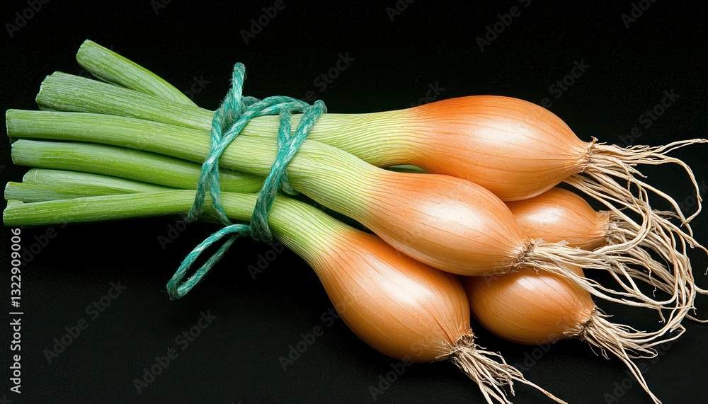 Fresh Organic Green Onions with Roots Tied Together on Dark Background for Culinary Use
