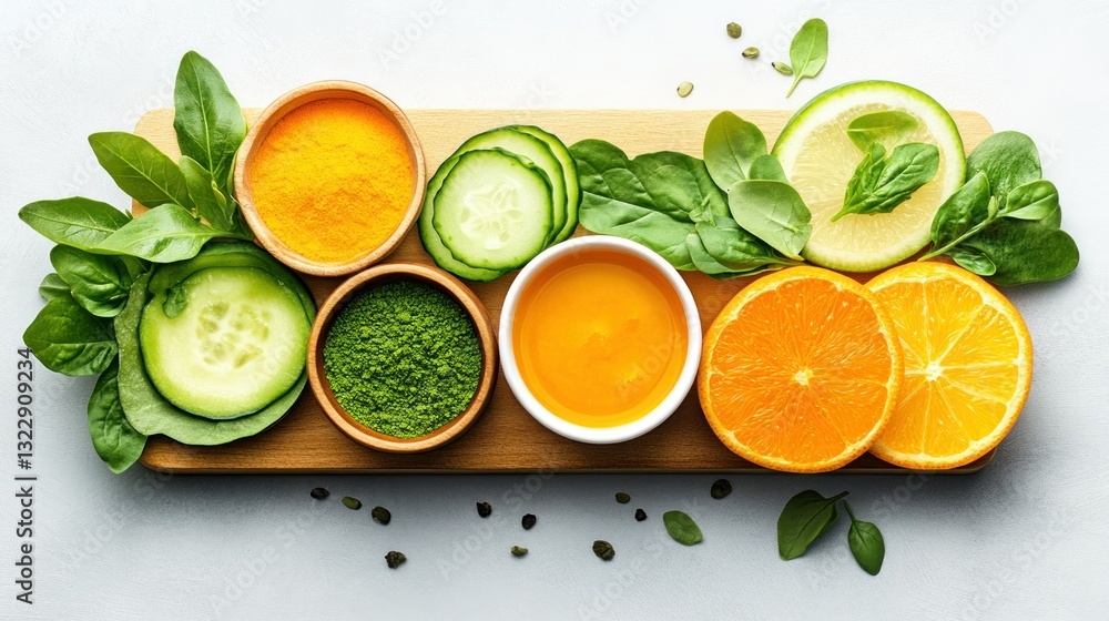Fresh Ingredients for Healthy Smoothies and Juices with Cucumbers, Oranges, and Spinach