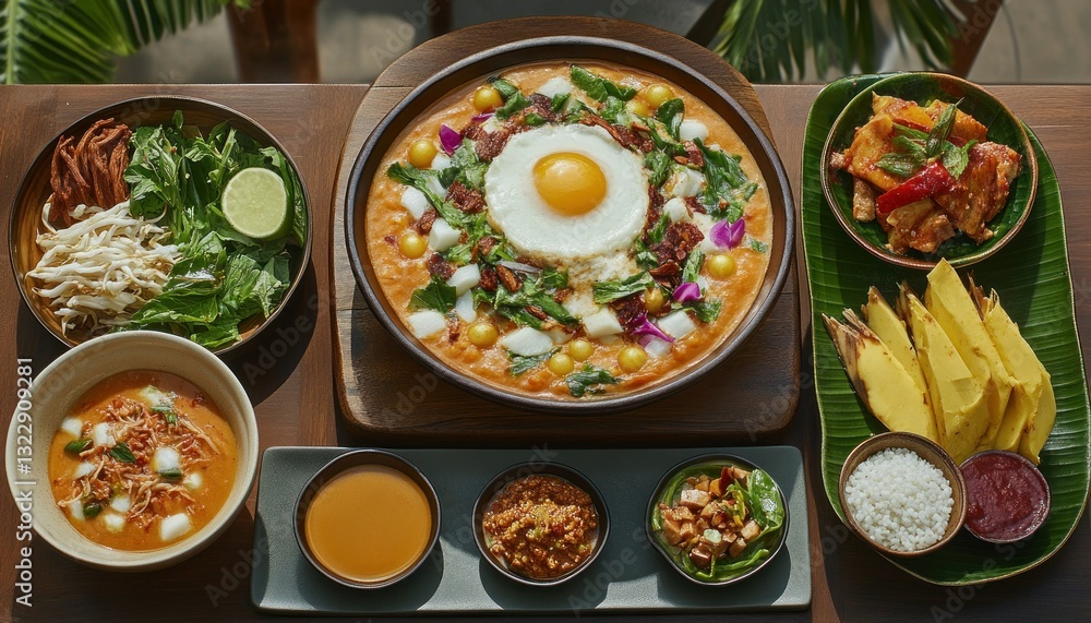 Colorful and Delicious Asian Cuisine Spread with Rice, Vegetables, and Fried Egg on Wooden Table