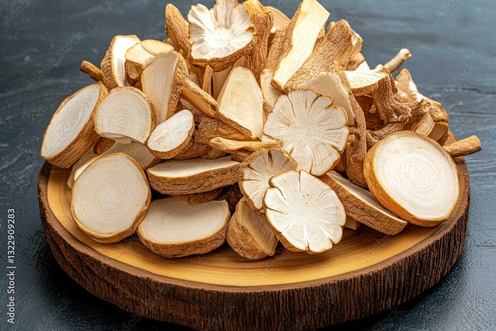 Dried Root Slices on Wooden Plate with Dark Background for Culinary and Natural Medicine Uses