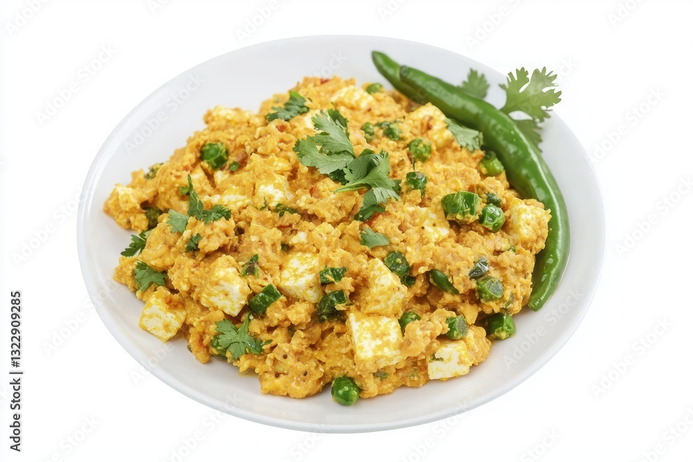 Delicious paneer bhurji with fresh green chili and coriander leaves on white plate healthy cuisine Delicious paneer bhurji with fresh green chili and coriander leaves on white plate healthy cuisine
