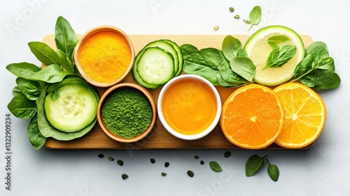 Obraz na płótnie Fresh Ingredients for Healthy Smoothies and Juices with Cucumbers, Oranges, and Spinach w salonie