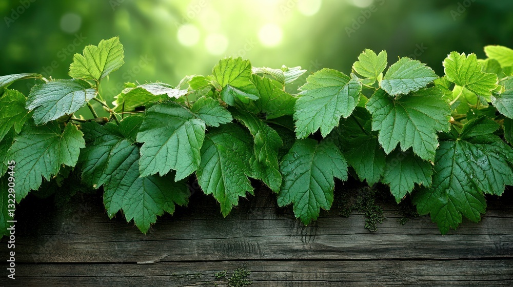 Fresh Green Leaves on Wooden Fence with Glowing Background in Nature Setting