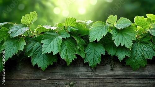 Obraz na płótnie Fresh Green Leaves on Wooden Fence with Glowing Background in Nature Setting w salonie