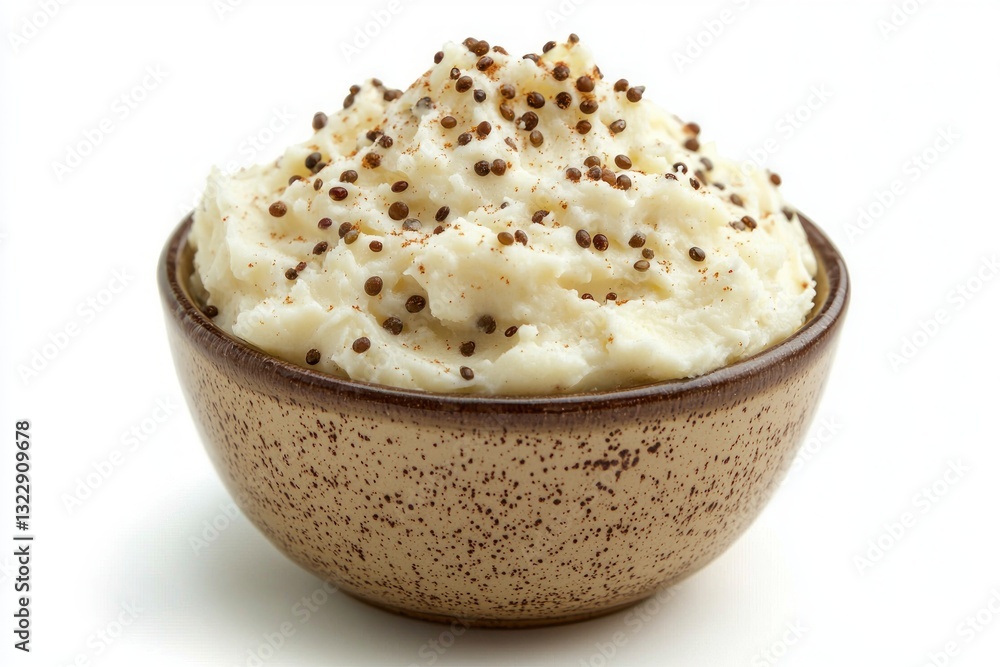 Creamy smooth mashed potato delight in rustic bowl with elegant black peppercorn spice garnish Creamy smooth mashed potato delight in rustic bowl with elegant black peppercorn spice garnish