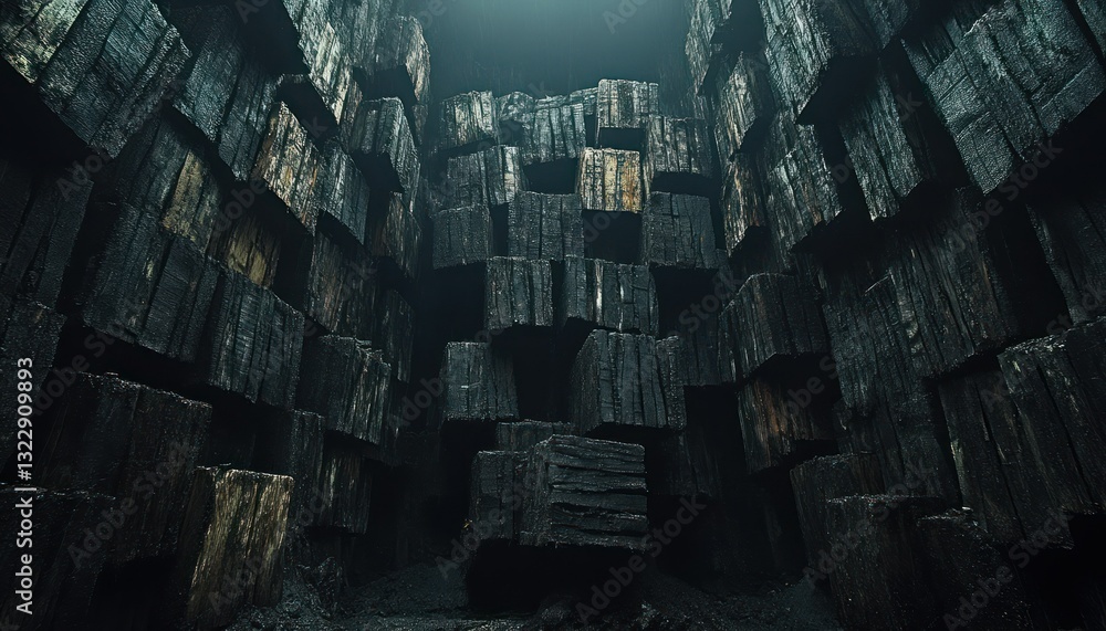 Dark and Dramatic Wood Stacks in Industrial Warehouse Setting Natural Textures and Shapes