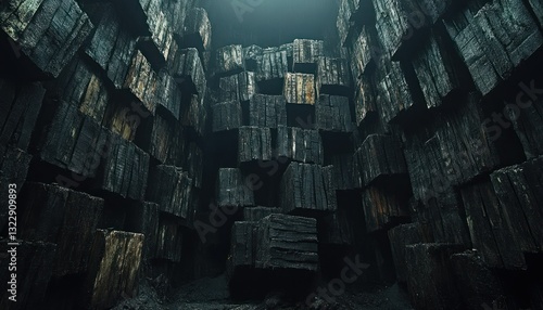 Obraz na płótnie Dark and Dramatic Wood Stacks in Industrial Warehouse Setting Natural Textures and Shapes w salonie