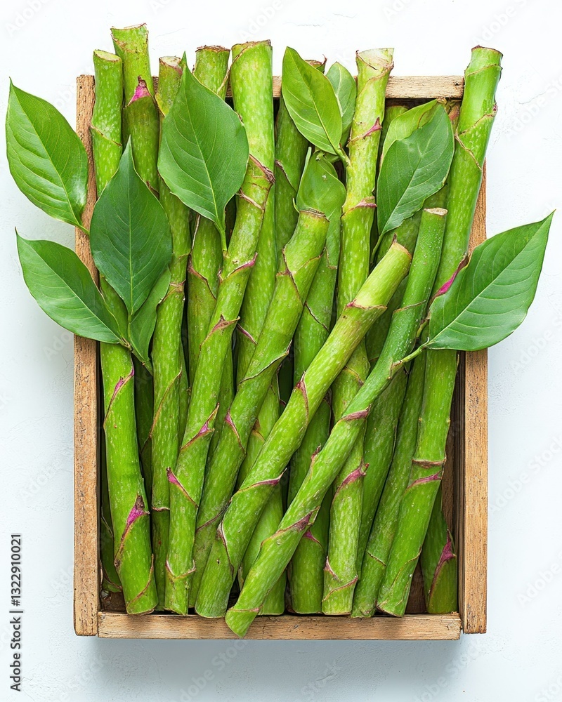 Fresh Green Stems with Leaves in Rustic Wooden Box on White Background for Natural Design