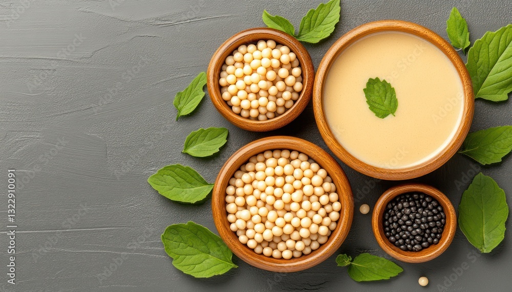 Fresh Ingredients for Cooking with Sauces, Spices, and Herb Leaves on Textured Gray Background