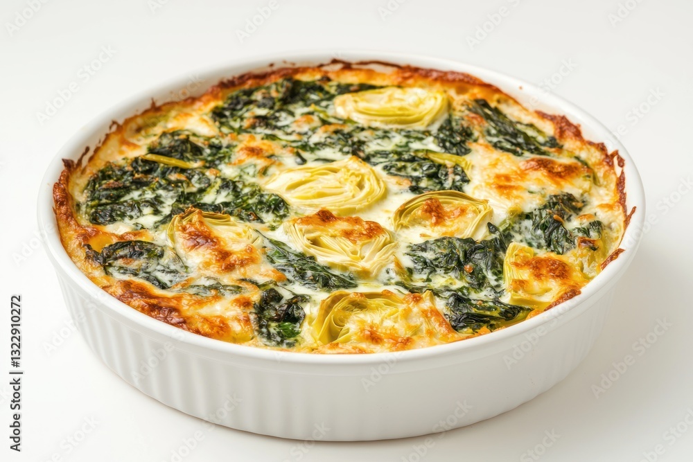 Delicious spinach artichoke quiche in a ceramic dish on white background culinary art food photography Delicious spinach artichoke quiche in a ceramic dish on white background culinary art food photography