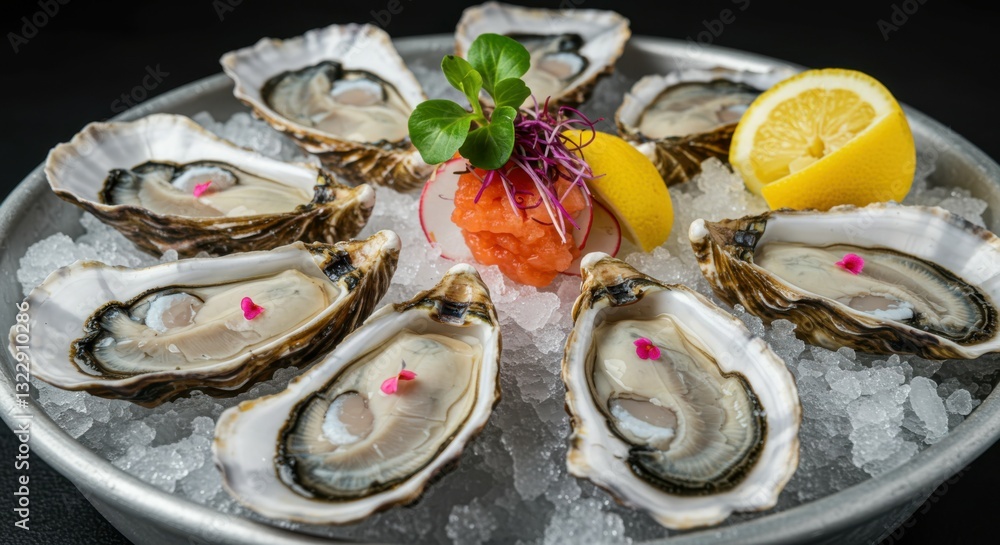 Fresh oysters on the half shell, platter of raw oysters, lemon wedges, bamboo serving tray, close-up food photography, gourmet seafood, briny delicacy, restaurant appetizer, coastal cuisine, high-cont Fresh oysters on the half shell, platter of raw oysters, lemon wedges, bamboo serving tray, close-up food photography, gourmet seafood, briny delicacy, restaurant appetizer, coastal cuisine, high-cont