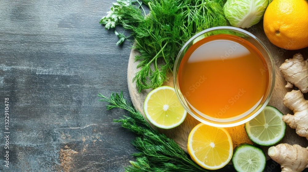Fresh Ingredients for Healthy Cooking with Citrus Juice, Ginger, and Green Herbs on Wooden Board