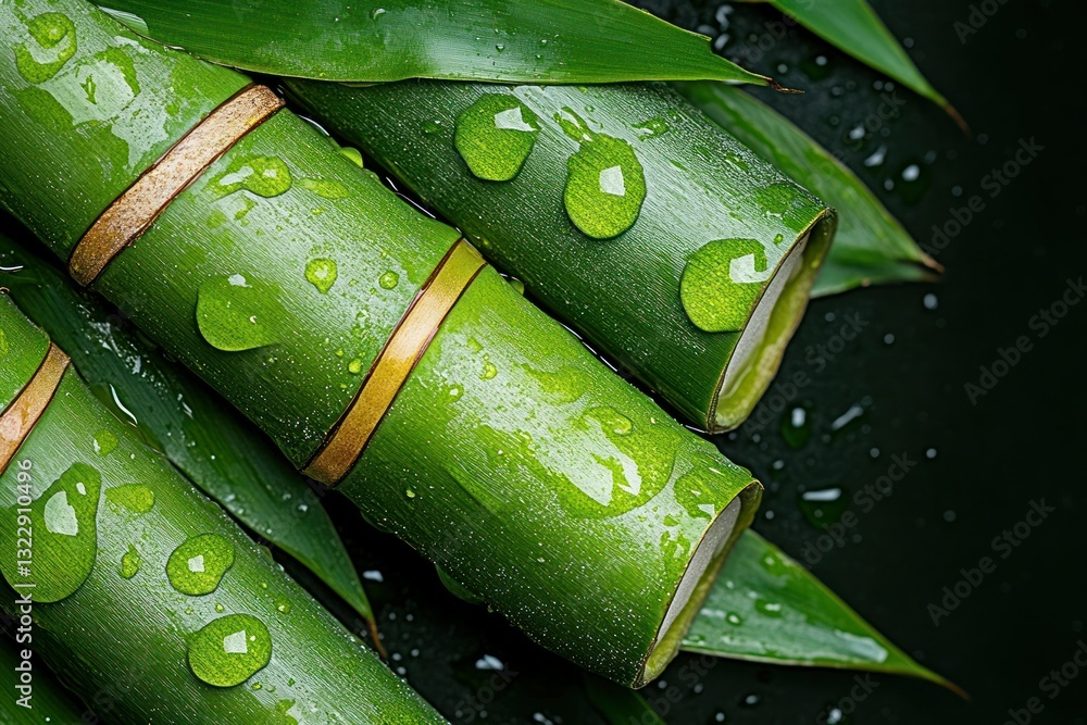 Close-Up of Fresh Green Bamboo Sticks with Water Drops and Vibrant Leaves on Dark Background