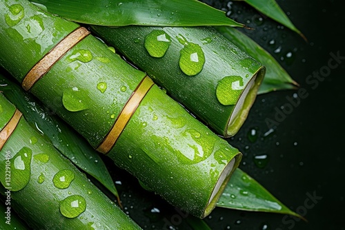 Close-Up of Fresh Green Bamboo Sticks with Water Drops and Vibrant Leaves on Dark Background