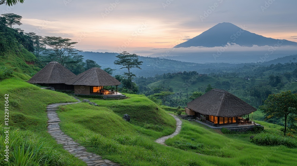 Scenic Mountain Landscape with Traditional Bungalows at Sunrise in Lush Green Environment