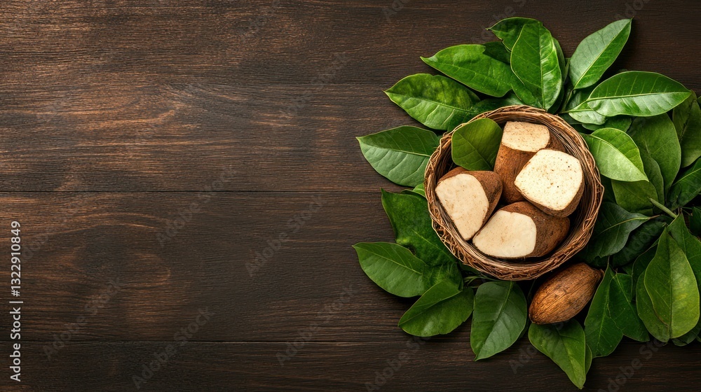 Freshly Cut Root Vegetables Surrounded by Green Leaves on Rustic Wooden Background