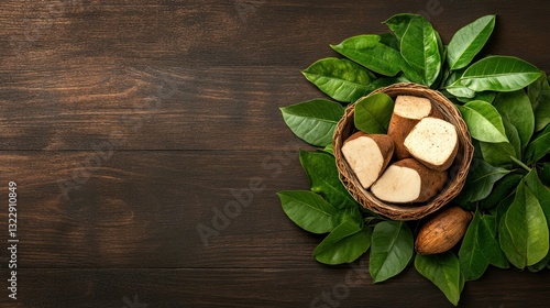 Obraz na płótnie Freshly Cut Root Vegetables Surrounded by Green Leaves on Rustic Wooden Background w salonie