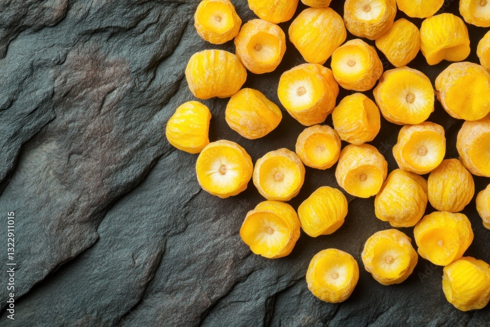 Bright Yellow Fruit Halves Spread on Dark Slate Background for Culinary and Food Presentation