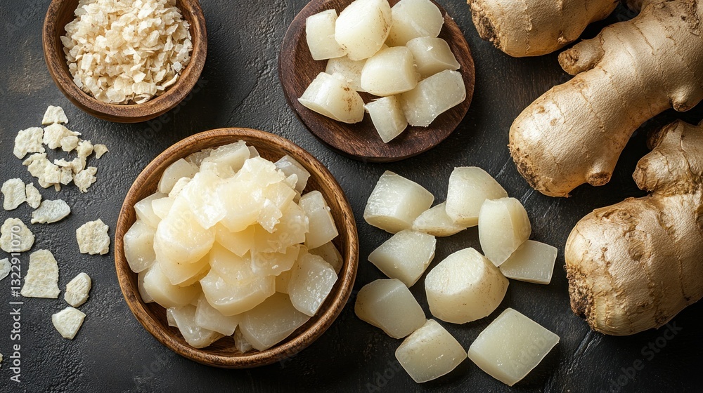 Fresh and Dried Ginger Products for Culinary and Health Uses on Dark Background