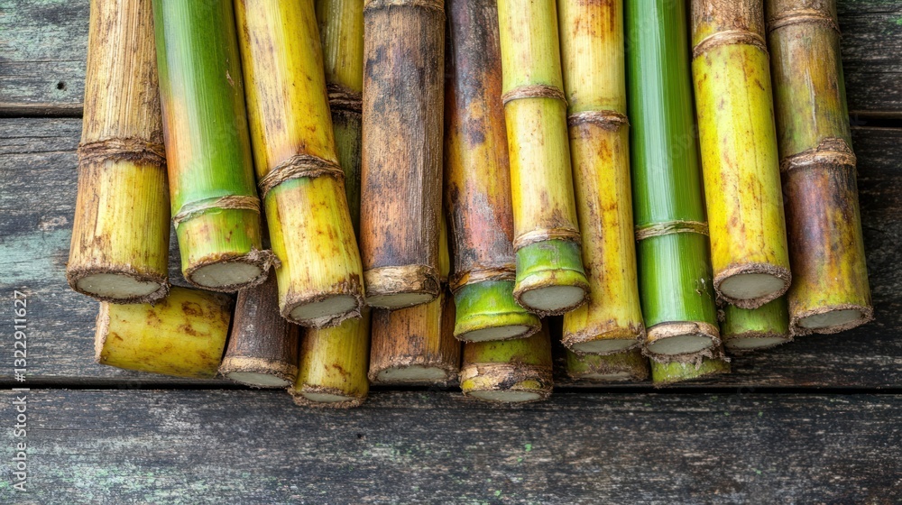 Fresh Sugar Cane Stalks on Wooden Surface Ready for Harvest and Culinary Uses