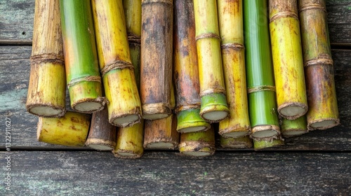 Obraz na płótnie Fresh Sugar Cane Stalks on Wooden Surface Ready for Harvest and Culinary Uses w salonie