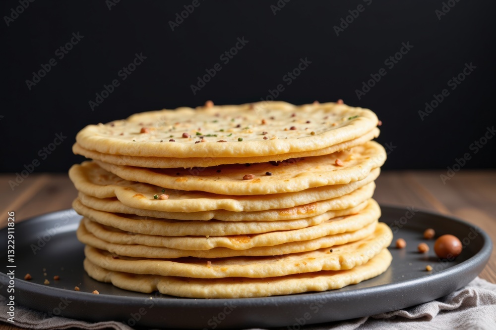 Stack of Delicious Golden-Brown Flatbreads with Spices, Perfectly Cooked and Displayed in a Black Plate on a Wooden Surface, Ideal for Sharing At Meals or Celebrations Stack of Delicious Golden-Brown Flatbreads with Spices, Perfectly Cooked and Displayed in a Black Plate on a Wooden Surface, Ideal for Sharing At Meals or Celebrations