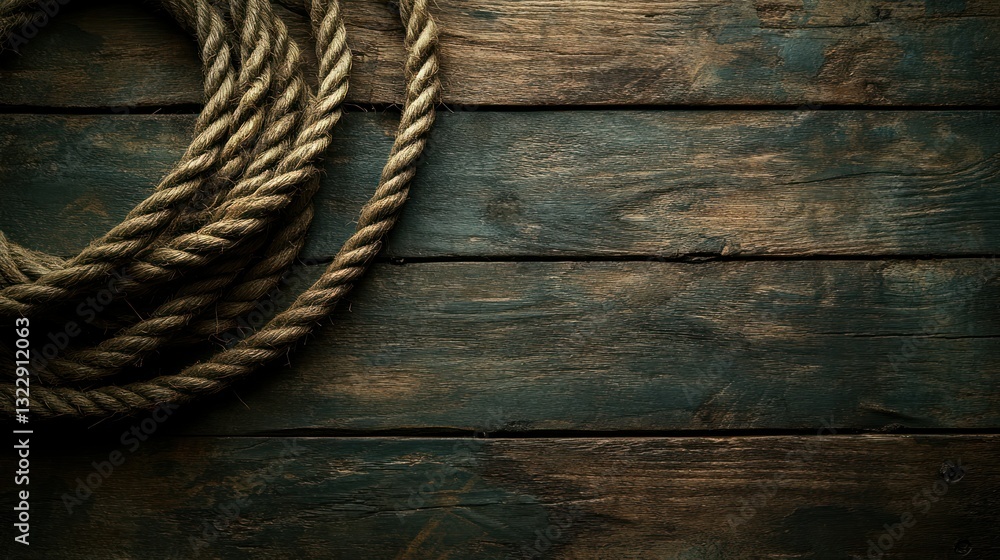 Fototapeta premium Rustic Wooden Background with Twisted Rope Coiled in an Artistic Arrangement