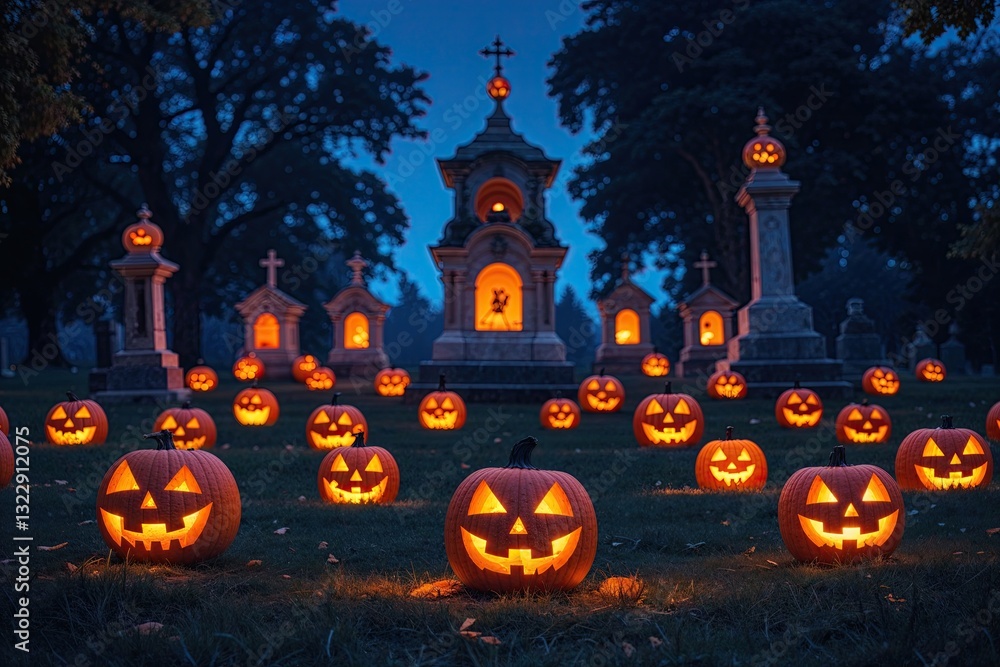 Enchanting Glowing Jack O Lanterns in a Spooky Cemetery at Night Enchanting Glowing Jack O Lanterns in a Spooky Cemetery at Night