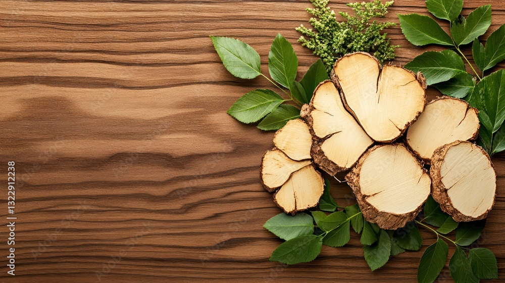 Fresh Wood Slices and Green Leaves on Rustic Brown Wooden Background for Natural Decor